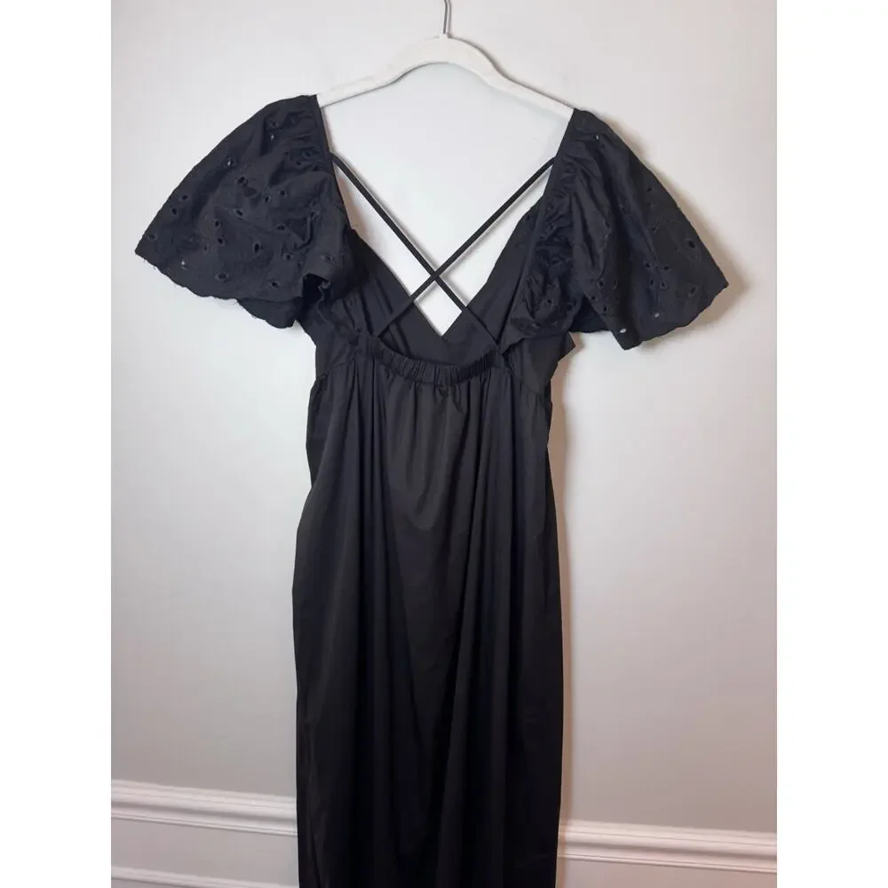 En Saison Barnette Black Midi Dress Eyelet Sleeves Size XS Pockets NWT